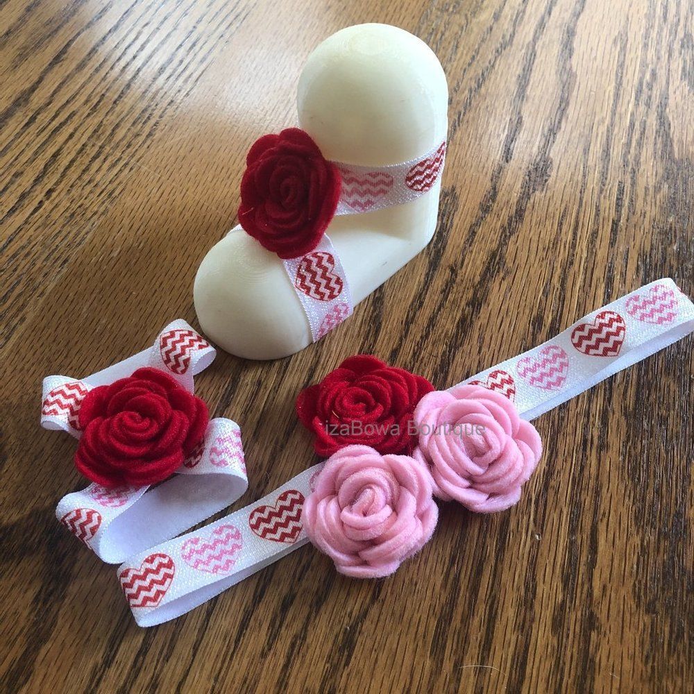 Red & Pink Rosette Barefoot Sandal & Headband    BS4026 Handmade NWT Boutique